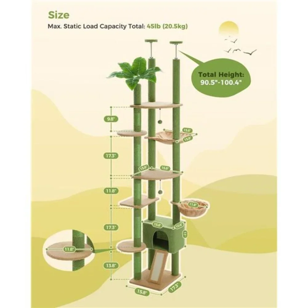 Cat Tree Tower Adjustable with Cat Condo Cat Hammock and Scratching Post, Green